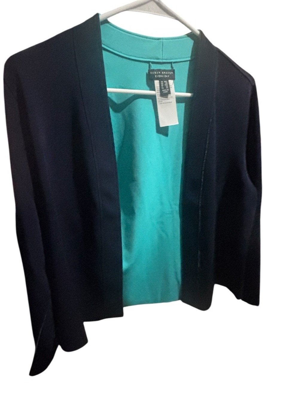 Susan Graver Open Front Navy blue blazer with Teal Lining